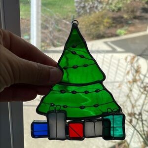 Stained Glass Christmas Tree Ornament w/ Gifts 4.75” H x 3.75” W good condition